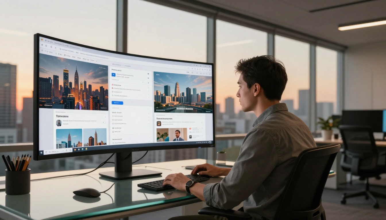 Creative director reviewing multiple AI image generation platforms on a large curved monitor at golden hour office Creative director reviewing multiple AI image generation platforms on a large curved monitor at golden hour office