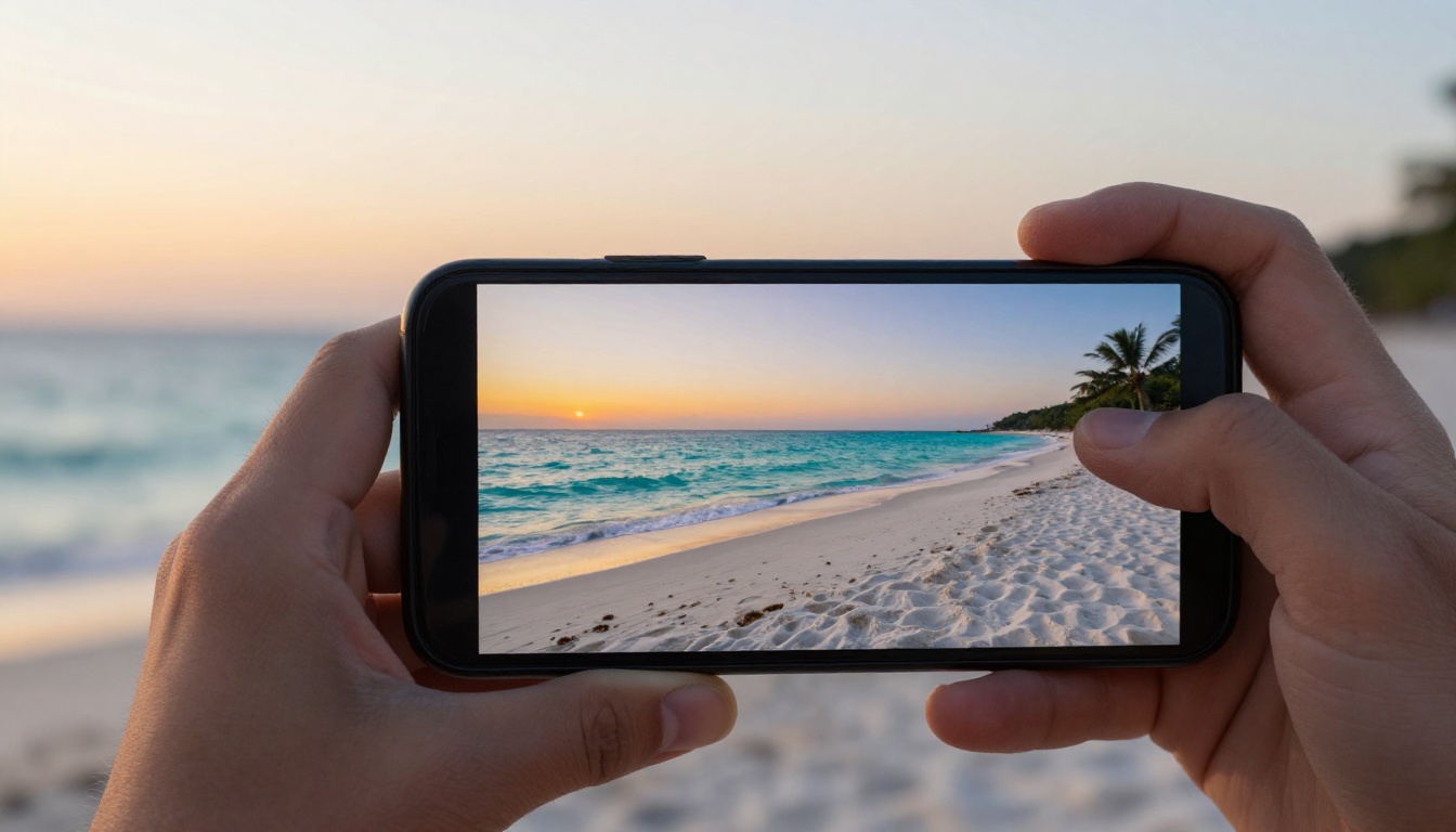 Person holding smartphone showing vivid AI-generated beach scene against real golden hour beach backdrop, shallow depth of field Person holding smartphone showing vivid AI-generated beach scene against real golden hour beach backdrop, shallow depth of field