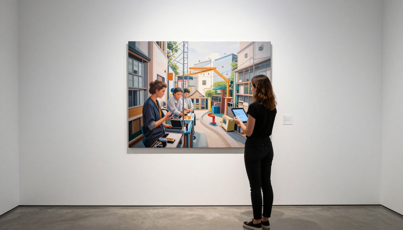 Young woman standing in front of large AI-generated canvas mounted on gallery wall, holding tablet showing original prompt, dramatic overhead spotlights Young woman standing in front of large AI-generated canvas mounted on gallery wall, holding tablet showing original prompt, dramatic overhead spotlights