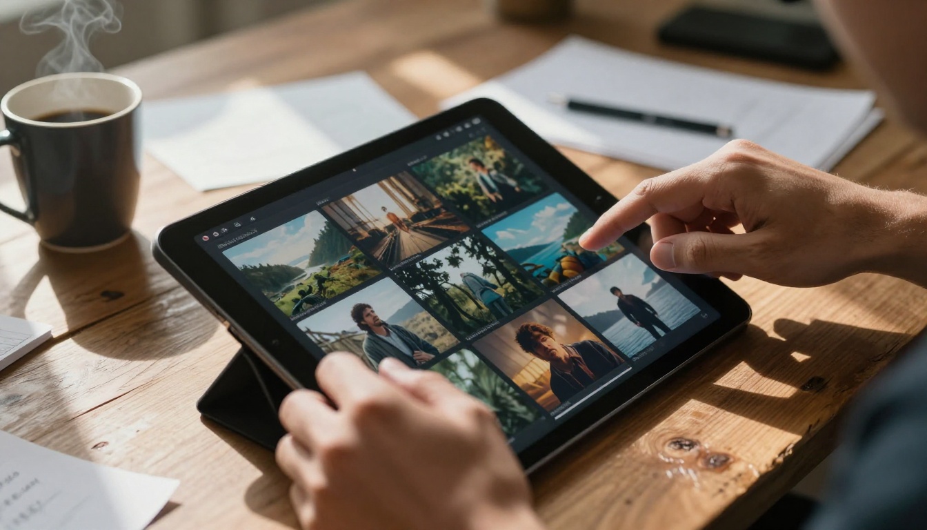 Close-up of hands scrolling through AI-generated video storyboard frames on a professional tablet Close-up of hands scrolling through AI-generated video storyboard frames on a professional tablet