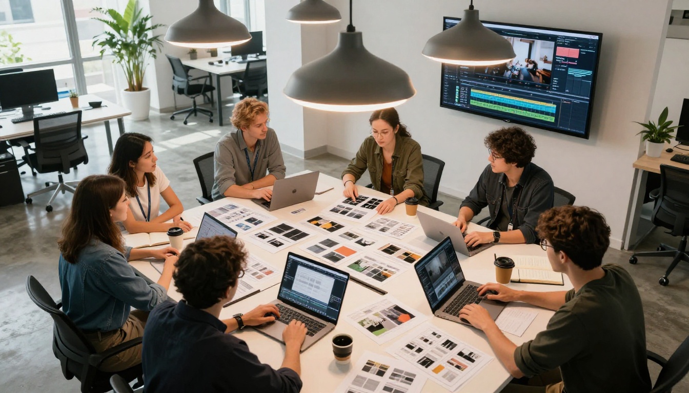 Aerial view of creative team reviewing video storyboards and prototypes at a conference table Aerial view of creative team reviewing video storyboards and prototypes at a conference table