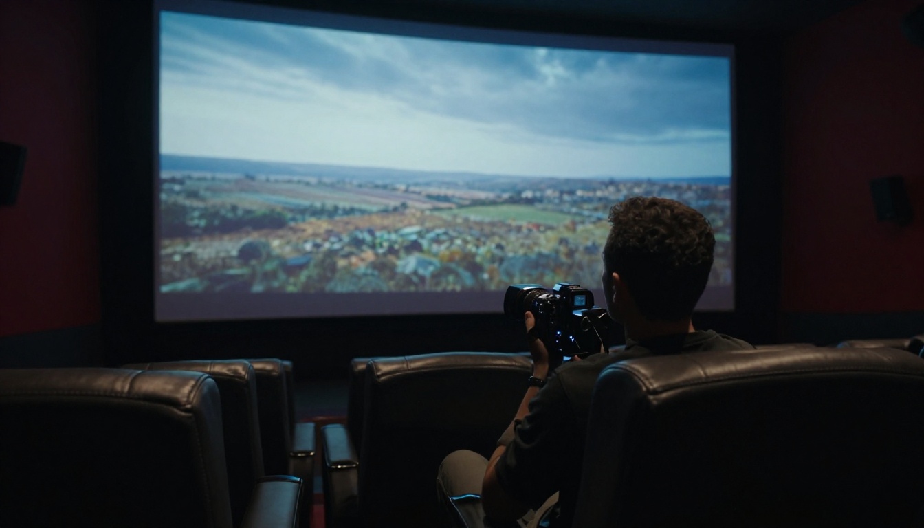 Filmmaker silhouetted in darkened screening room watching cinematic video projection on large screen Filmmaker silhouetted in darkened screening room watching cinematic video projection on large screen