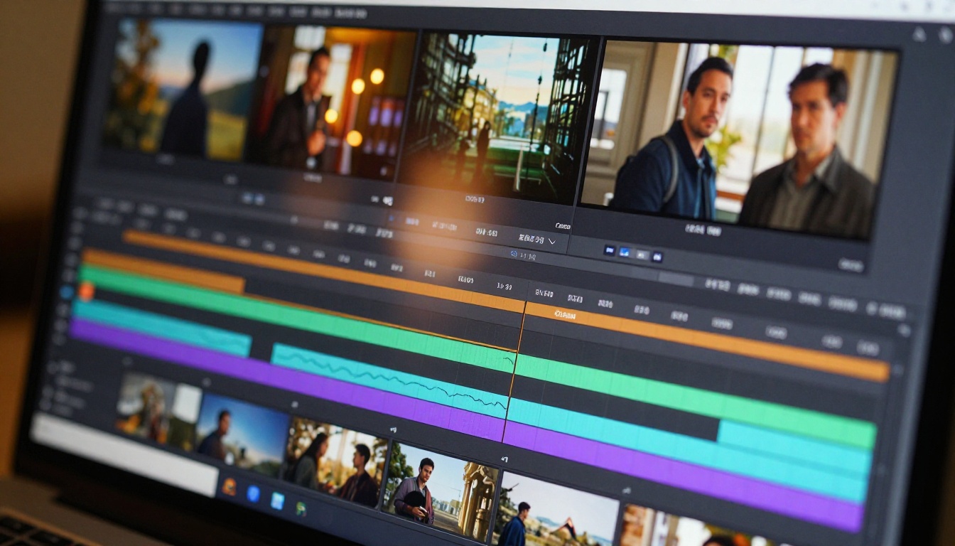 Professional video editing timeline on monitor showing color-graded cinematic tracks and clip thumbnails Professional video editing timeline on monitor showing color-graded cinematic tracks and clip thumbnails