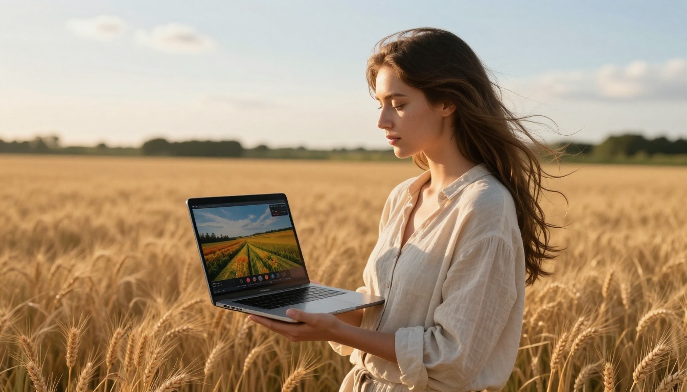 Content creator outdoors in sunlit golden wheat field holding laptop open with AI video footage on screen Content creator outdoors in sunlit golden wheat field holding laptop open with AI video footage on screen