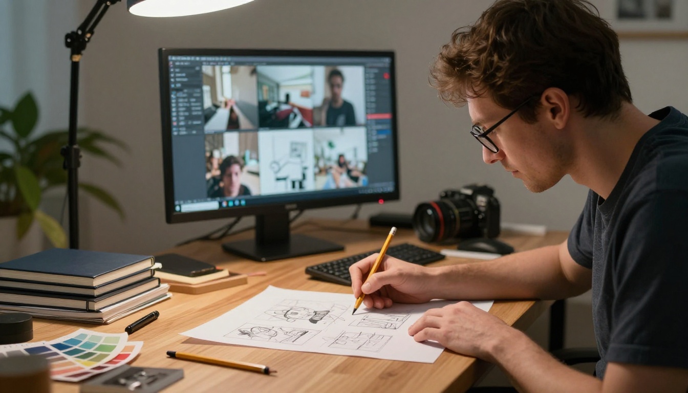Creative director leaning over drafting table sketching storyboard frames with professional reference monitor in background Creative director leaning over drafting table sketching storyboard frames with professional reference monitor in background