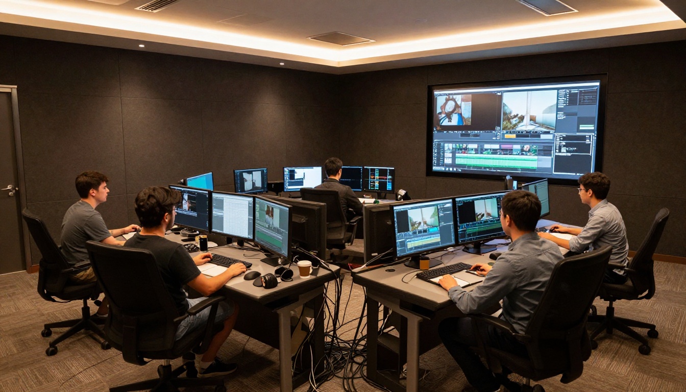 Wide environmental shot of modern post-production suite with multiple editors working at monitor stations Wide environmental shot of modern post-production suite with multiple editors working at monitor stations