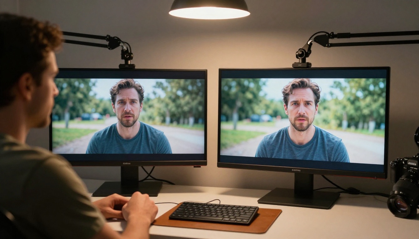 Filmmaker reviewing side-by-side video comparison on dual professional monitors at a clean minimalist desk Filmmaker reviewing side-by-side video comparison on dual professional monitors at a clean minimalist desk