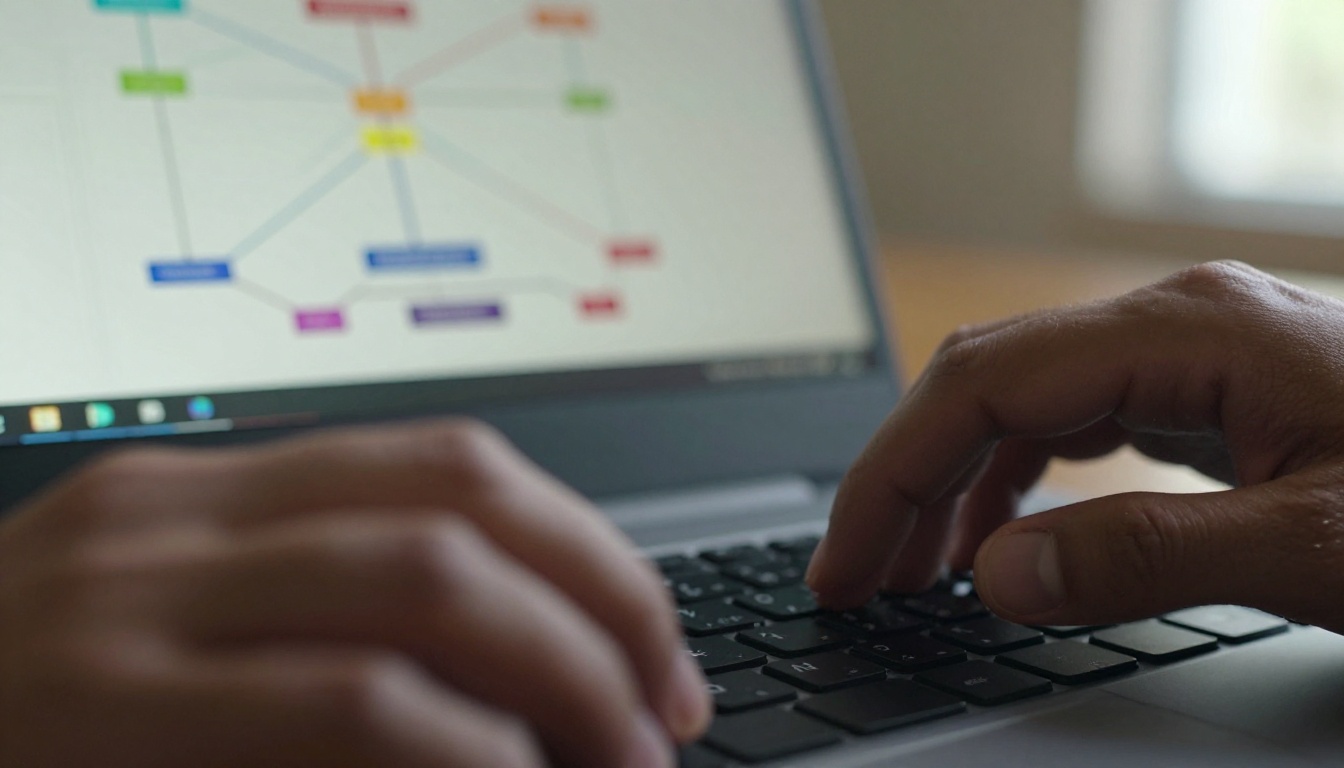 Writer's hands typing on a mechanical keyboard with story branching flowchart visible in background Writer's hands typing on a mechanical keyboard with story branching flowchart visible in background