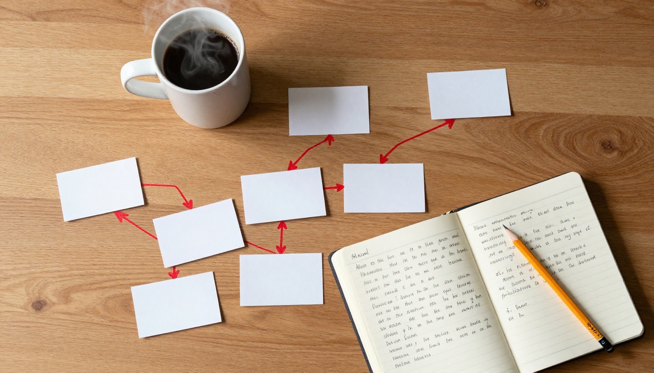 Overhead aerial view of writer's desk with index cards arranged in branching narrative patterns Overhead aerial view of writer's desk with index cards arranged in branching narrative patterns