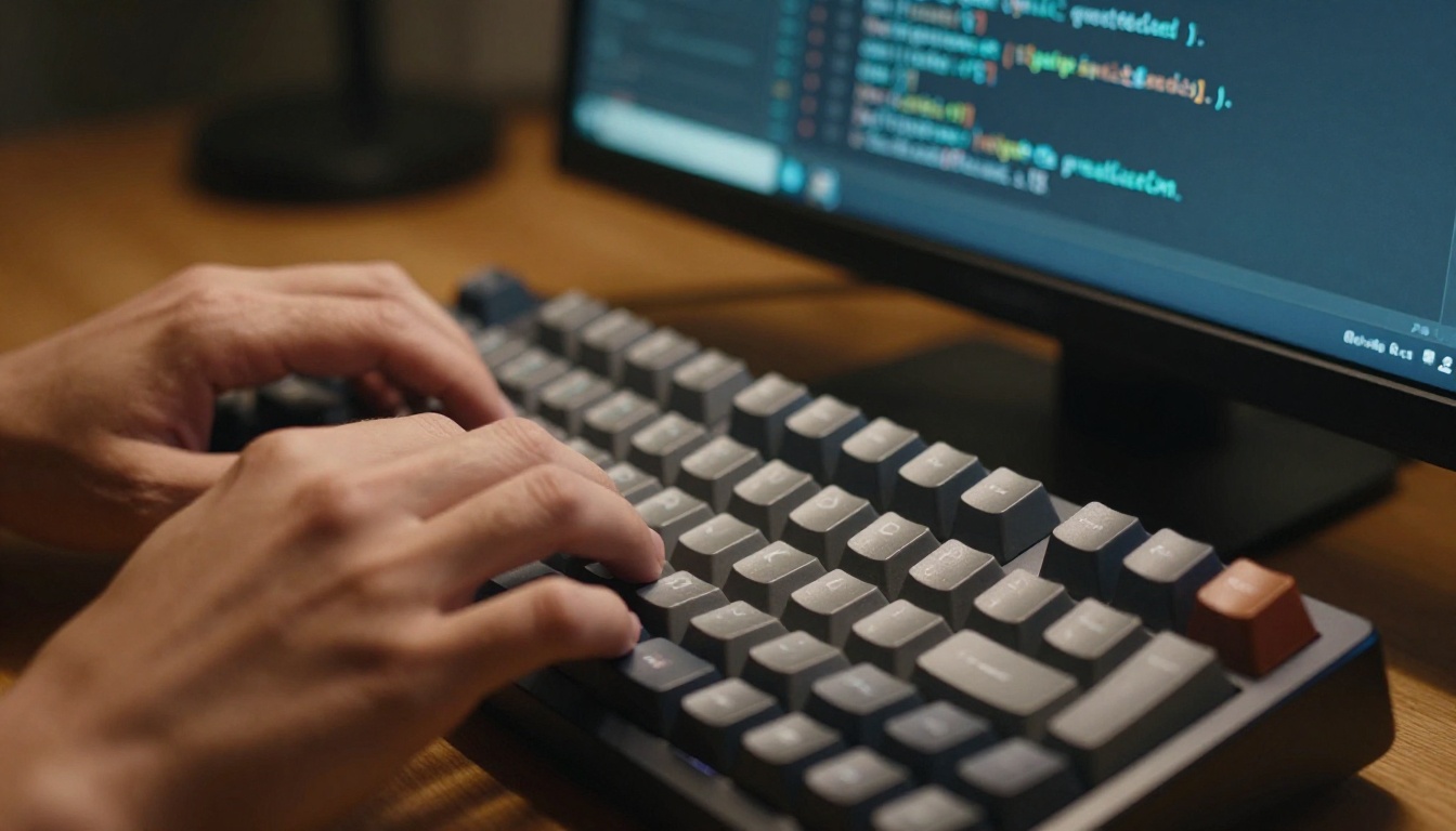 Developer's hands typing on mechanical keyboard with Python code visible on monitor in background Developer's hands typing on mechanical keyboard with Python code visible on monitor in background
