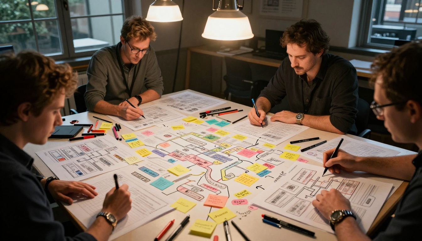 Two writers collaborating at a table covered with storyboard sheets and branching narrative flowcharts Two writers collaborating at a table covered with storyboard sheets and branching narrative flowcharts