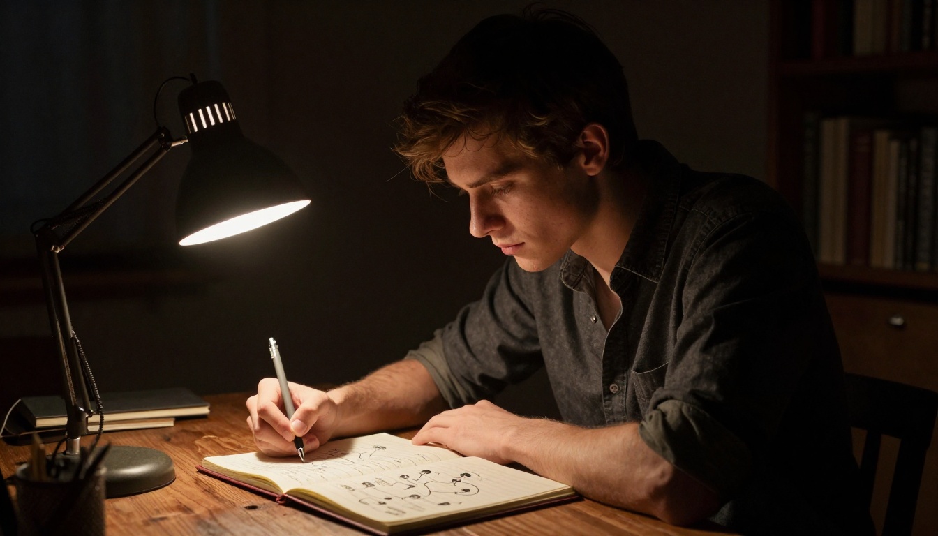 Young male writer at a rustic desk late at night illuminated by a single desk lamp, notebook open with character maps Young male writer at a rustic desk late at night illuminated by a single desk lamp, notebook open with character maps