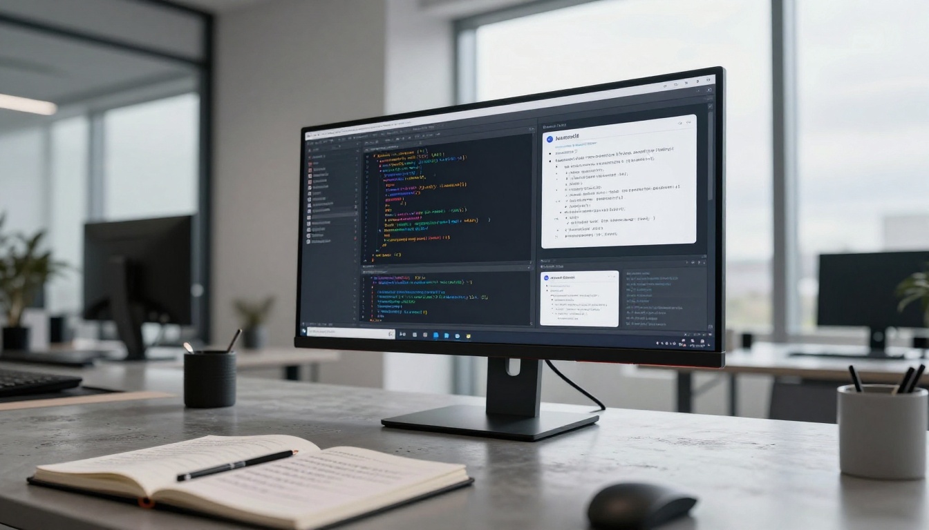 Wide-angle view of developer's desk with split-screen code editor and AI chat interface side by side Wide-angle view of developer's desk with split-screen code editor and AI chat interface side by side