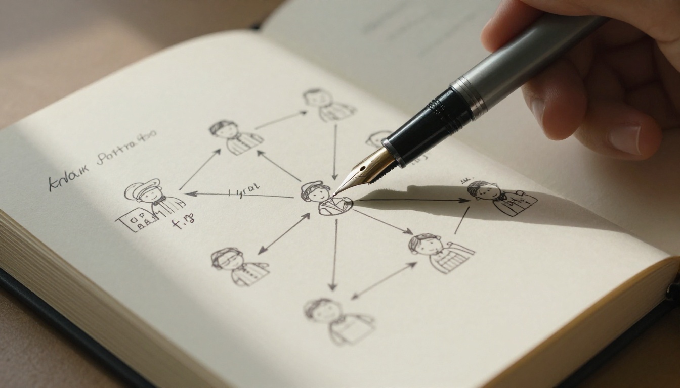 Close-up of an open journal with a hand-drawn character relationship map and fountain pen Close-up of an open journal with a hand-drawn character relationship map and fountain pen