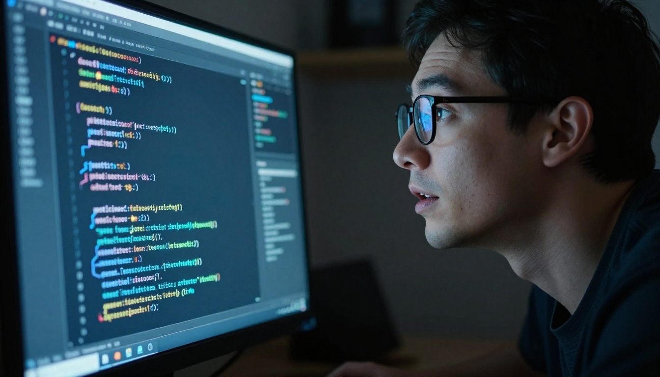 Low-angle shot of developer's face lit by monitor glow with expression of concentration and satisfaction Low-angle shot of developer's face lit by monitor glow with expression of concentration and satisfaction