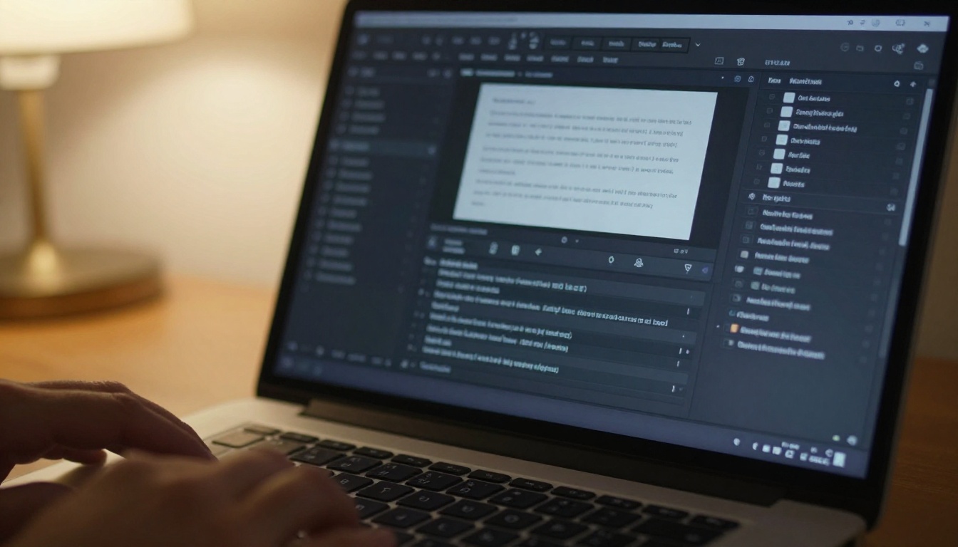 Laptop screen in shallow depth of field showing a text-heavy story editor interface with multiple tabs open Laptop screen in shallow depth of field showing a text-heavy story editor interface with multiple tabs open