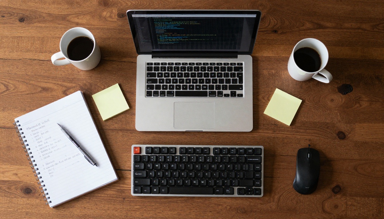 Aerial overhead view of developer workspace with laptop, notebook, sticky notes, and two coffee cups Aerial overhead view of developer workspace with laptop, notebook, sticky notes, and two coffee cups
