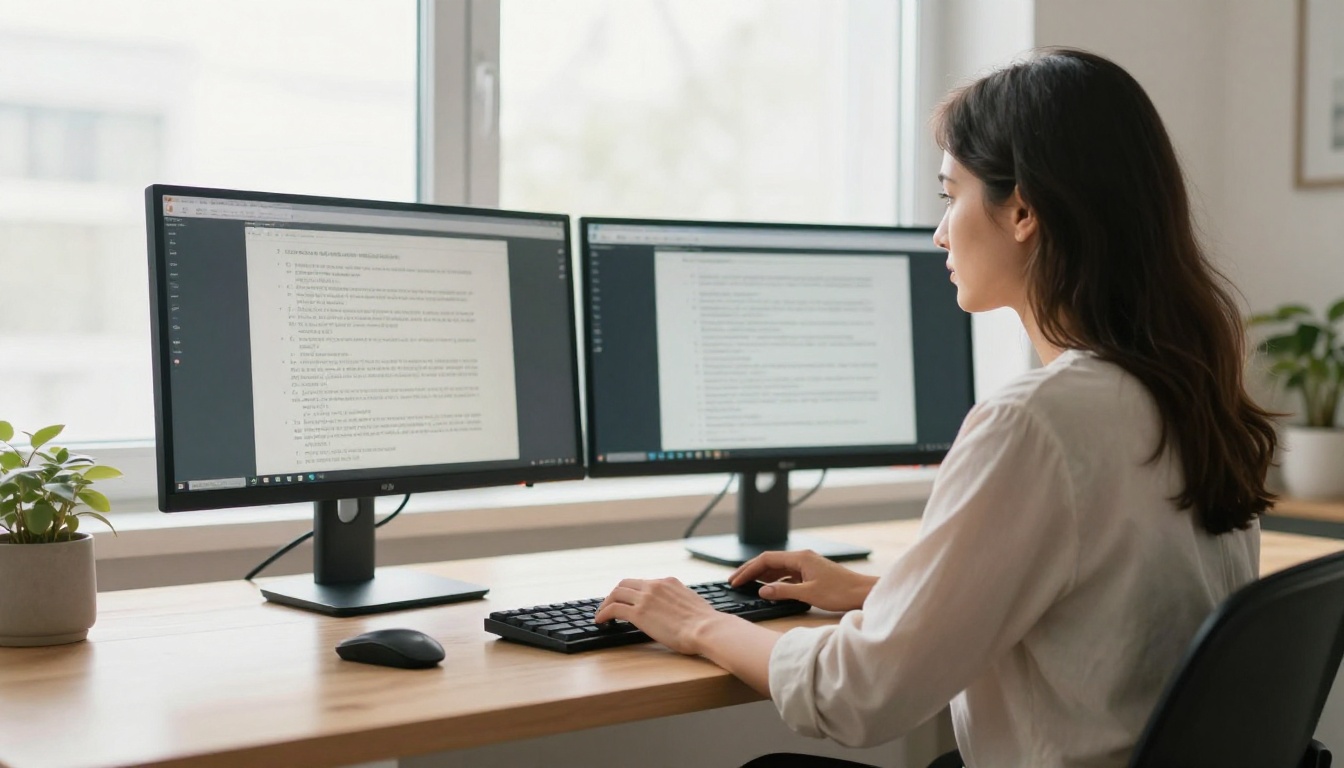 Woman at a standing desk with two monitors displaying different story path documents Woman at a standing desk with two monitors displaying different story path documents