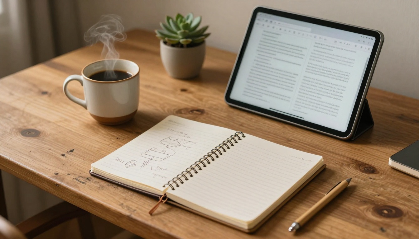 Tranquil early morning writer's workspace with coffee, open notebook, and tablet showing a text interface in golden hour light Tranquil early morning writer's workspace with coffee, open notebook, and tablet showing a text interface in golden hour light
