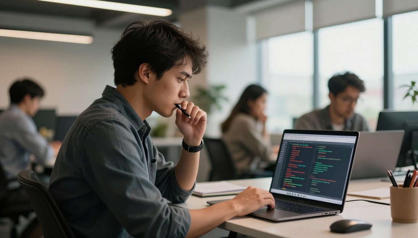 Developer in open-plan office reviewing code comparison on laptop with colleagues in the background Developer in open-plan office reviewing code comparison on laptop with colleagues in the background