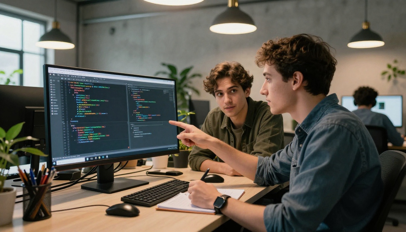 Two developers collaborating at a shared desk looking at code on a monitor with engaged expressions Two developers collaborating at a shared desk looking at code on a monitor with engaged expressions