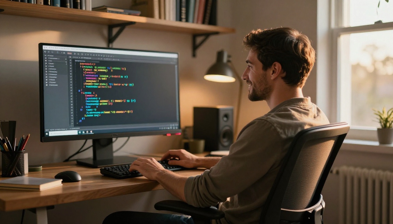 Developer leaning back in ergonomic chair with satisfied smile looking at successful test output on monitor Developer leaning back in ergonomic chair with satisfied smile looking at successful test output on monitor