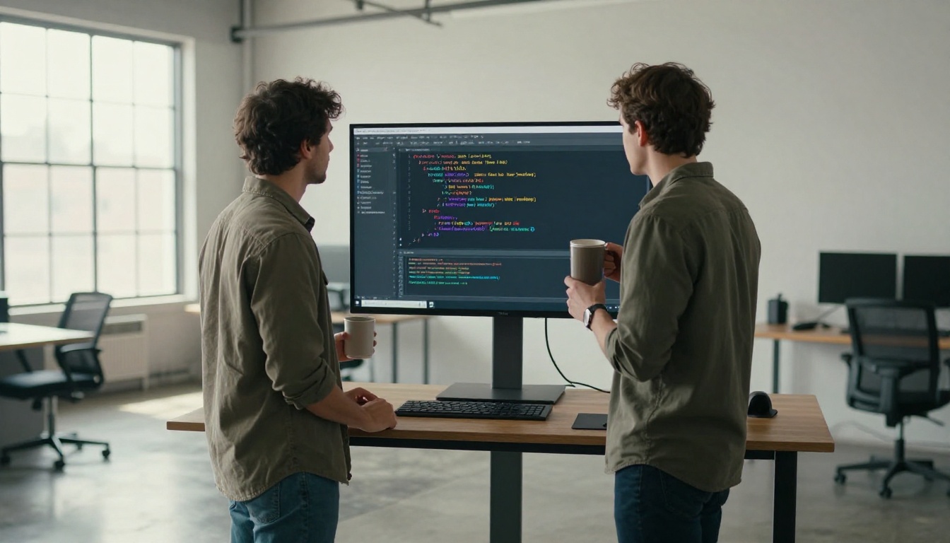Developer standing at a standing desk in a bright modern studio reviewing code on a large vertical monitor Developer standing at a standing desk in a bright modern studio reviewing code on a large vertical monitor