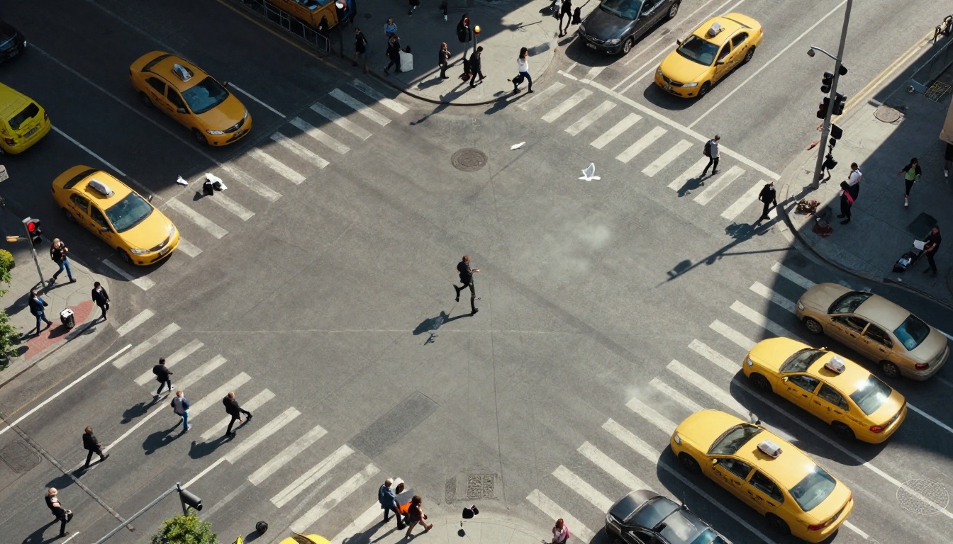 Aerial birds-eye view of a busy urban intersection with taxi cabs and pedestrians Aerial birds-eye view of a busy urban intersection with taxi cabs and pedestrians