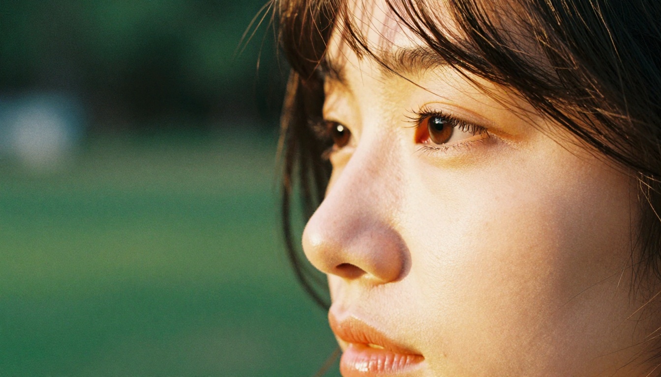 Close-up portrait of a woman in profile with golden afternoon light on her cheekbone Close-up portrait of a woman in profile with golden afternoon light on her cheekbone