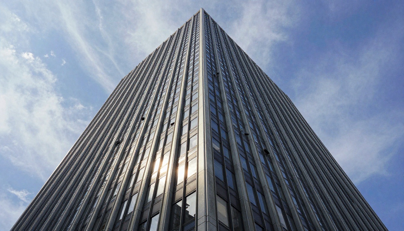 Low-angle view of a skyscraper converging dramatically toward a blue sky Low-angle view of a skyscraper converging dramatically toward a blue sky