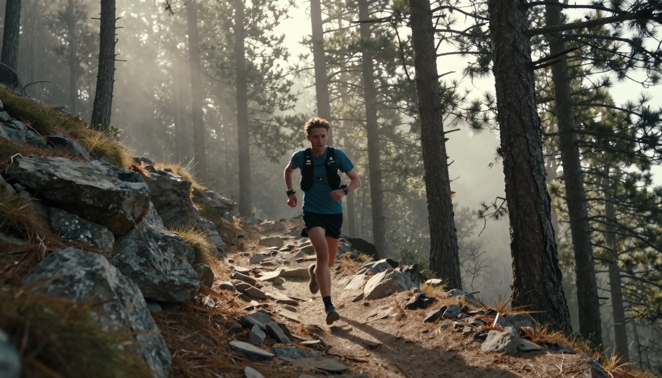 Mountain trail runner tracked alongside at hip height through pine forest morning mist Mountain trail runner tracked alongside at hip height through pine forest morning mist