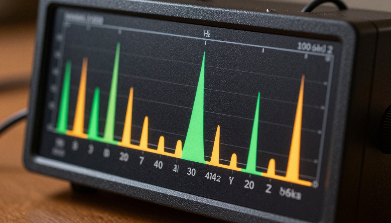 Audio spectrum analyzer with LED frequency bars on a brushed-aluminum panel Audio spectrum analyzer with LED frequency bars on a brushed-aluminum panel