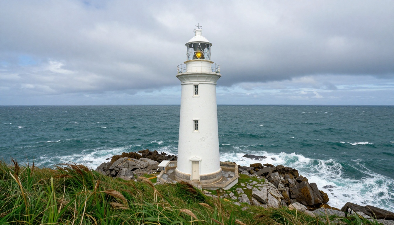 Orbital arc shot perspective circling a coastal lighthouse on rocky cliffs above the sea Orbital arc shot perspective circling a coastal lighthouse on rocky cliffs above the sea