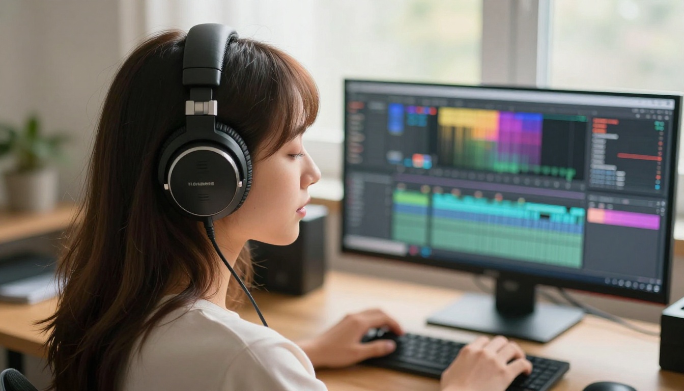 Young woman wearing studio headphones editing audio and video at a professional workstation Young woman wearing studio headphones editing audio and video at a professional workstation