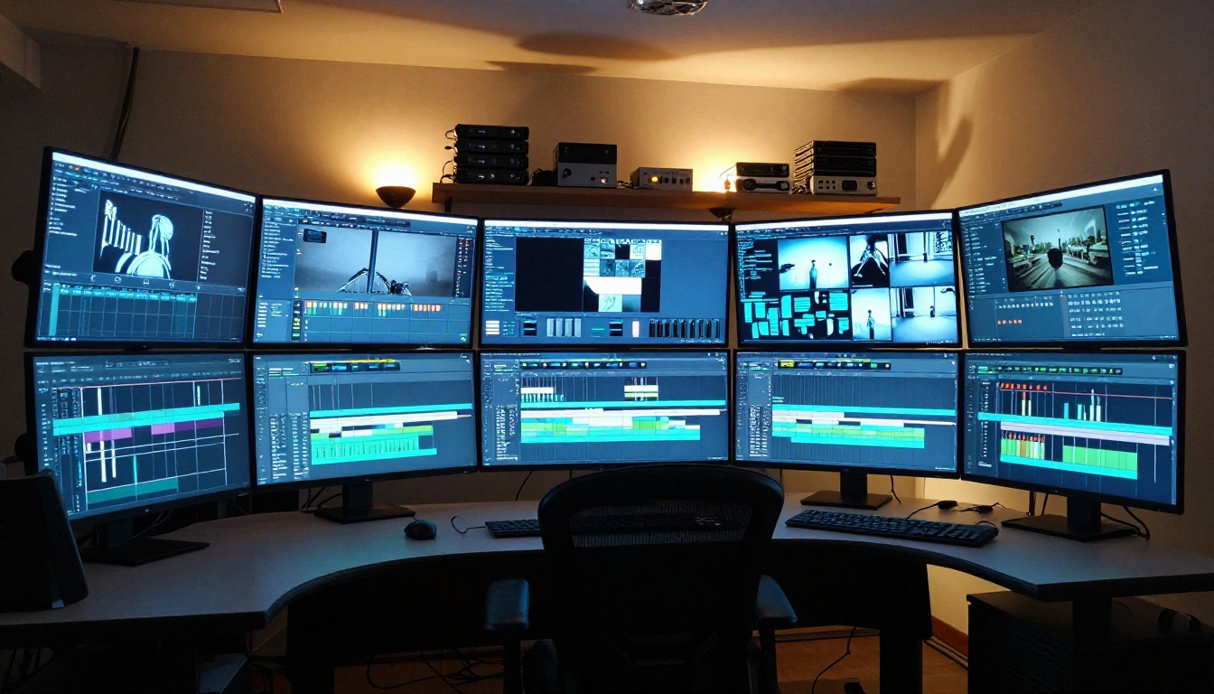 Wide-angle view of a professional post-production editing suite with multiple monitors showing video and audio timelines at dusk Wide-angle view of a professional post-production editing suite with multiple monitors showing video and audio timelines at dusk