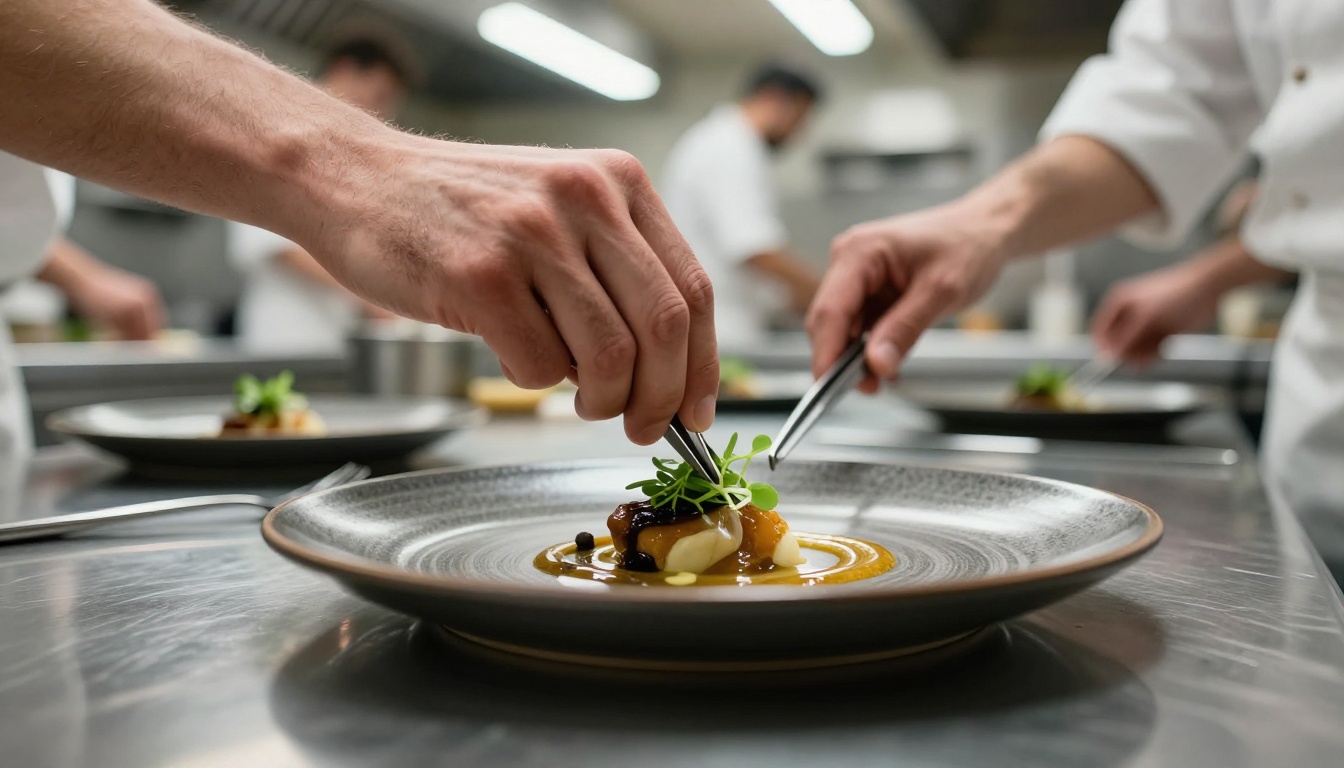 Slow dolly-in perspective toward a chef plating an elegant dish in a professional kitchen Slow dolly-in perspective toward a chef plating an elegant dish in a professional kitchen