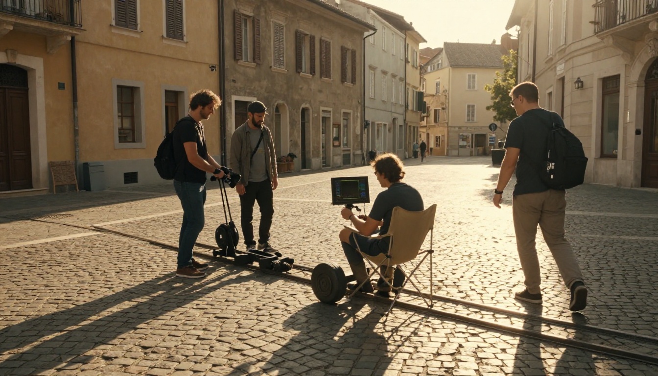 Film crew at work on location in a European cobblestone plaza Film crew at work on location in a European cobblestone plaza