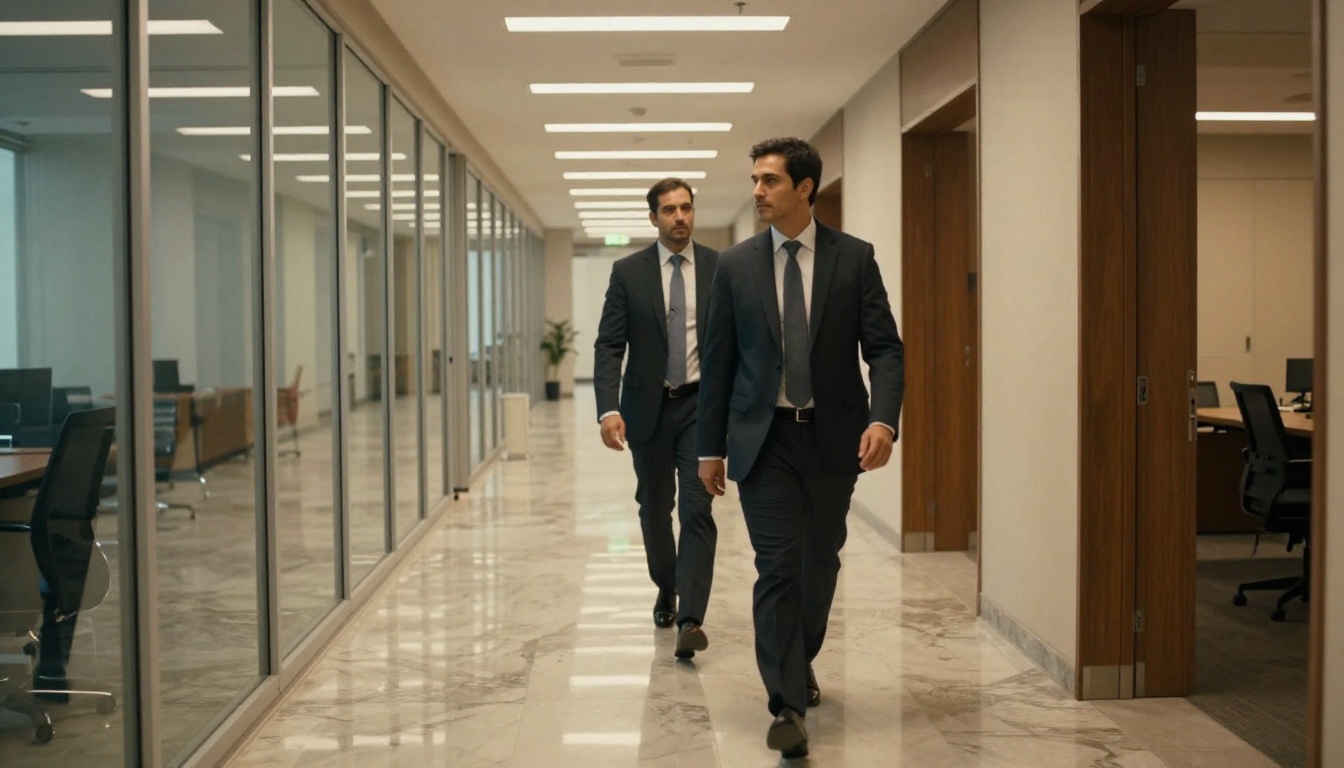 Businessman walking confidently down a marble corporate hallway with lateral tracking Businessman walking confidently down a marble corporate hallway with lateral tracking