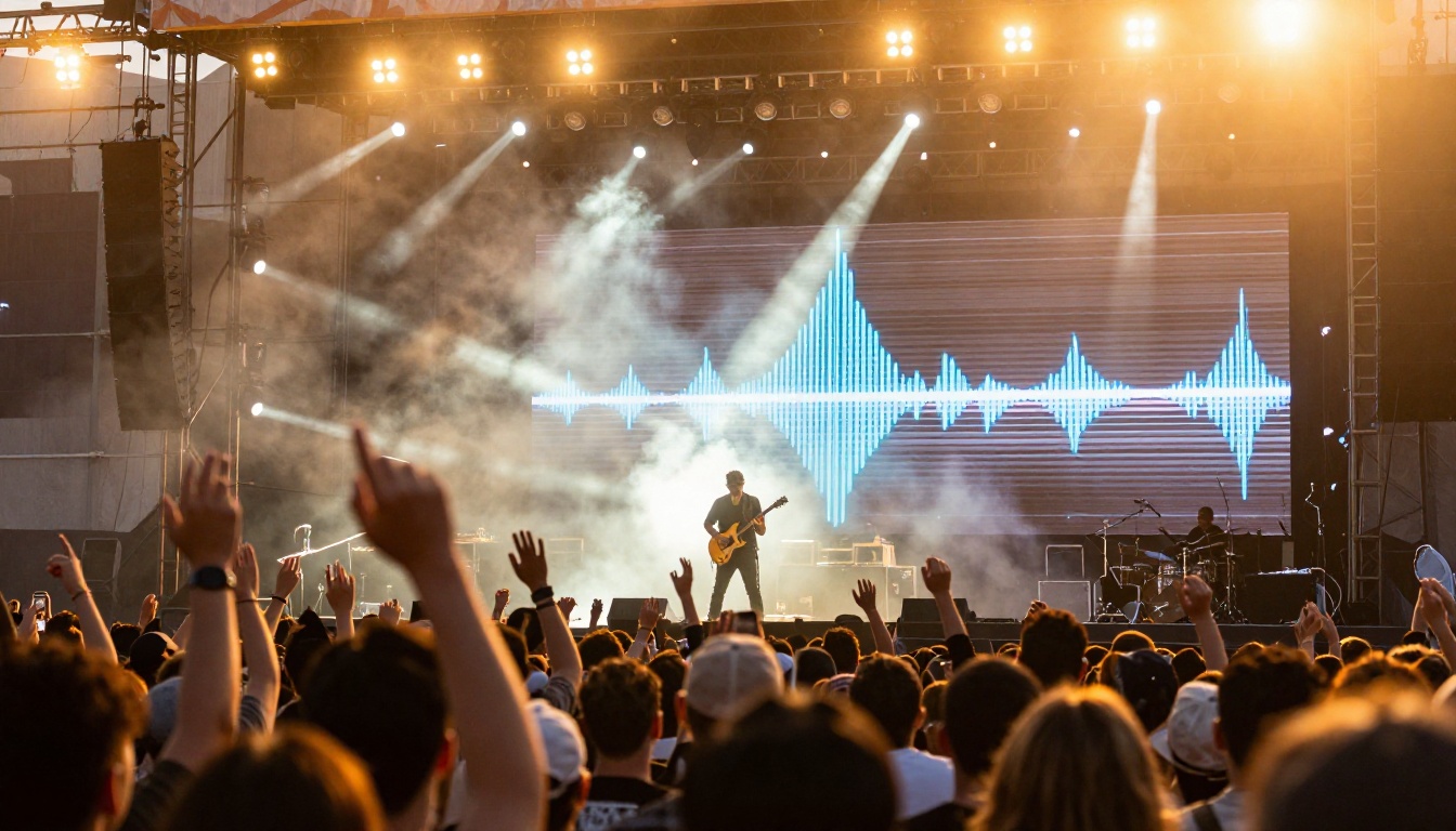 Outdoor concert stage at golden hour with silhouetted guitar player backlighted and crowd hands raised in foreground blur Outdoor concert stage at golden hour with silhouetted guitar player backlighted and crowd hands raised in foreground blur