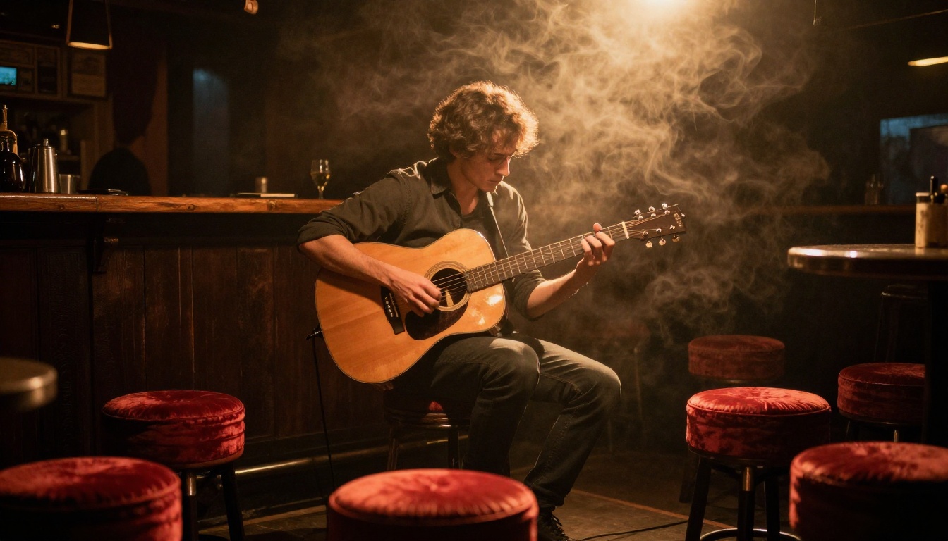 Musician on stage in a dim jazz bar with warm amber spotlight and slow push-in framing Musician on stage in a dim jazz bar with warm amber spotlight and slow push-in framing