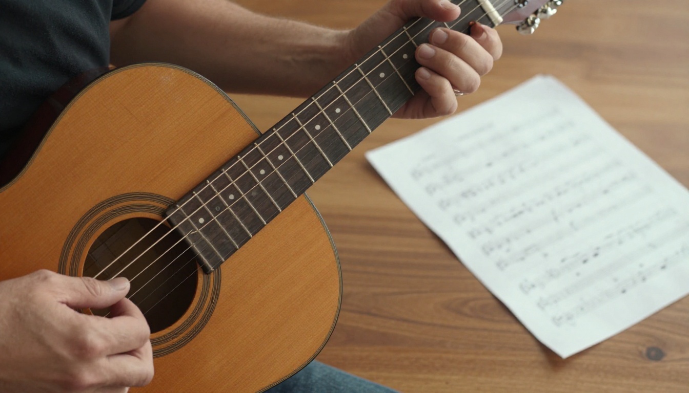 Close-up of musician hands pressing steel guitar strings on a mahogany fretboard with annotated sheet music nearby Close-up of musician hands pressing steel guitar strings on a mahogany fretboard with annotated sheet music nearby