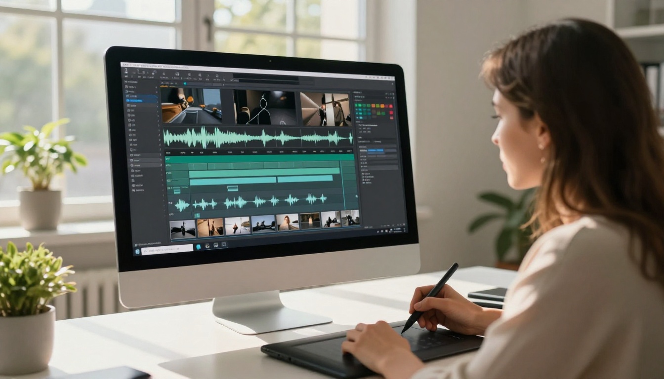 Creative director reviewing a layered video and audio timeline on a large monitor with a Wacom stylus in a bright office Creative director reviewing a layered video and audio timeline on a large monitor with a Wacom stylus in a bright office
