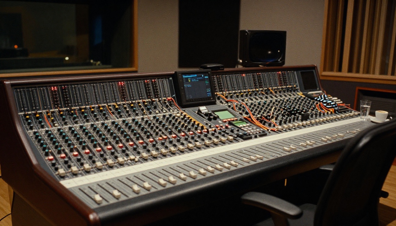 Aerial view of a recording engineer seated at a Neve analog mixing console in a professional control room Aerial view of a recording engineer seated at a Neve analog mixing console in a professional control room