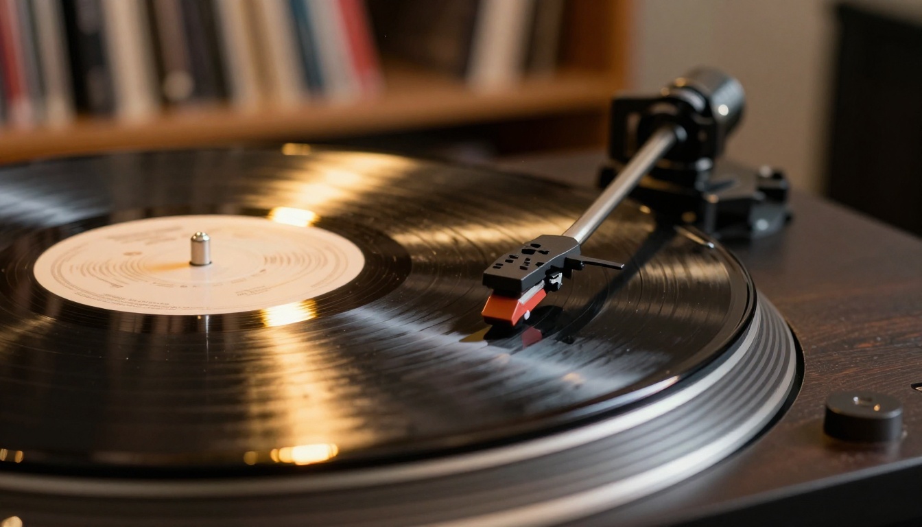 Vinyl record spinning on a high-end turntable with the stylus needle pressed into the groove, warm incandescent light casting golden tones on the album sleeve Vinyl record spinning on a high-end turntable with the stylus needle pressed into the groove, warm incandescent light casting golden tones on the album sleeve