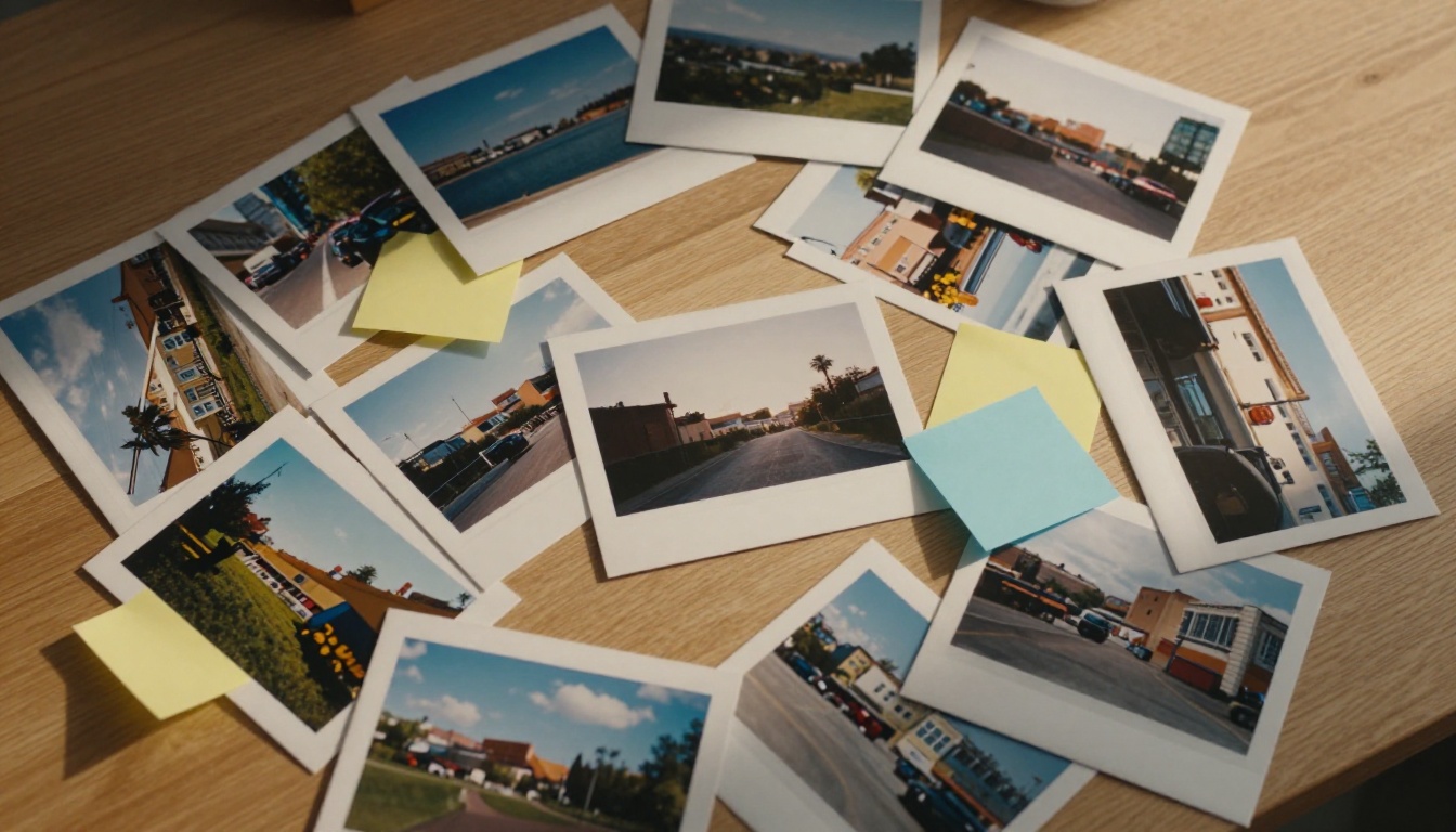 Reference photographs spread across a table, annotated with sticky notes Reference photographs spread across a table, annotated with sticky notes