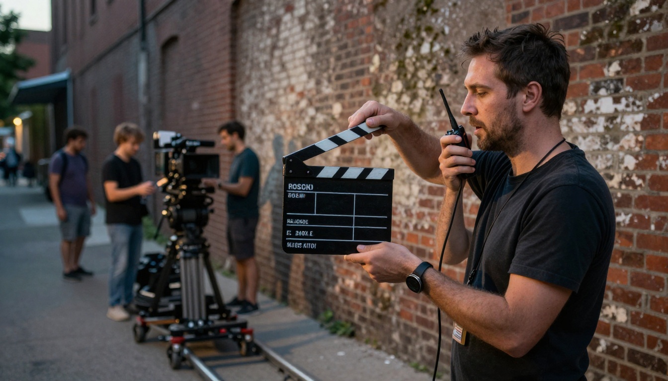 Music video director on set at magic hour in a city alley holding a clapperboard, crew adjusting a camera dolly in the background Music video director on set at magic hour in a city alley holding a clapperboard, crew adjusting a camera dolly in the background