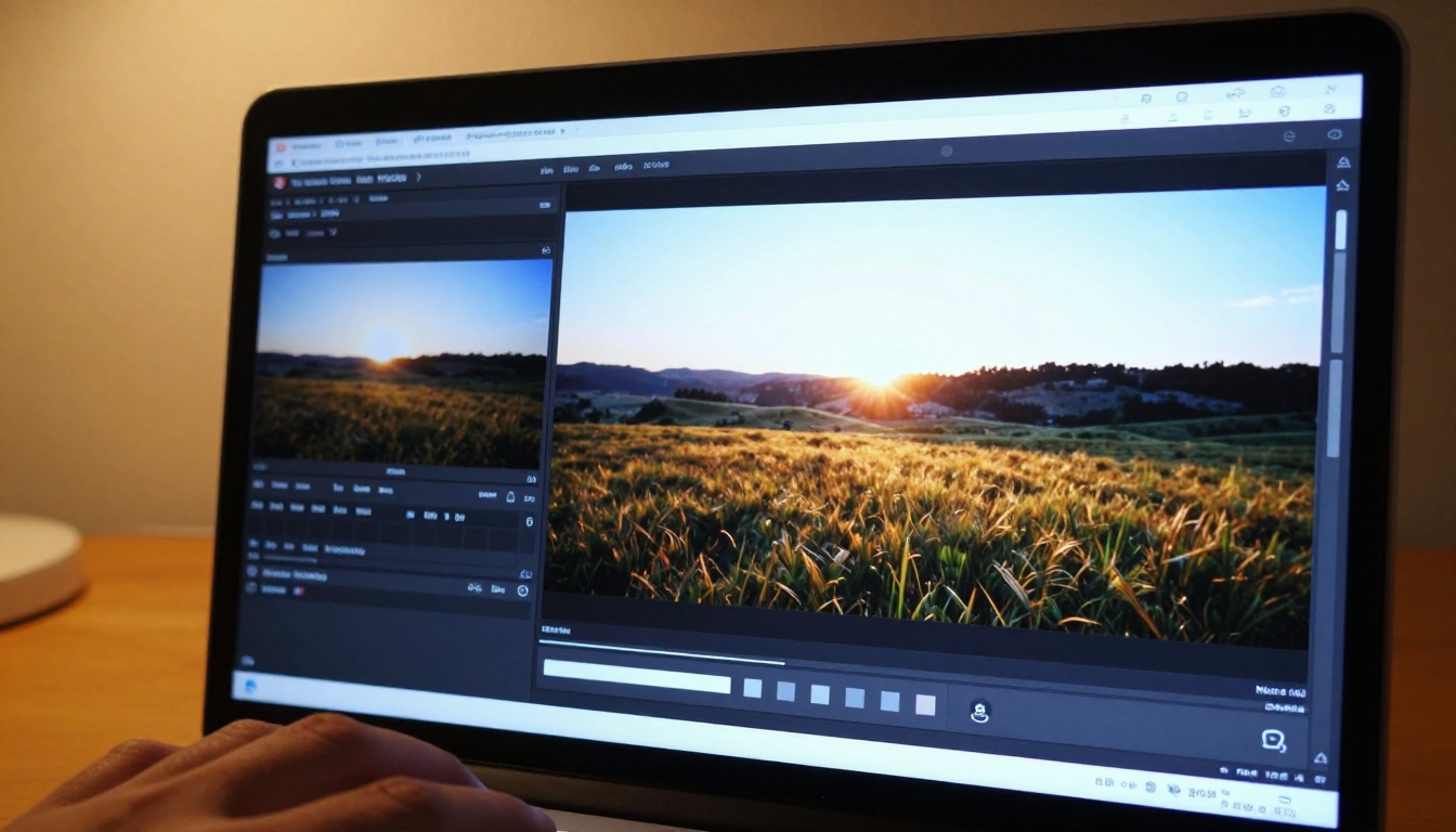 Split-panel AI video generation interface on a laptop screen with reference image and output side by side Split-panel AI video generation interface on a laptop screen with reference image and output side by side