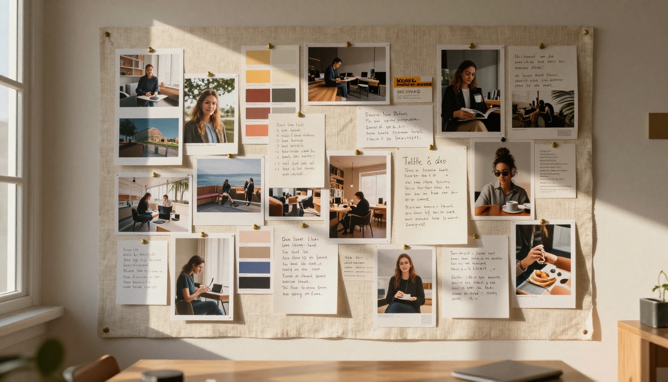 Professional mood board covered with printed reference photos, color swatches, and handwritten notes Professional mood board covered with printed reference photos, color swatches, and handwritten notes