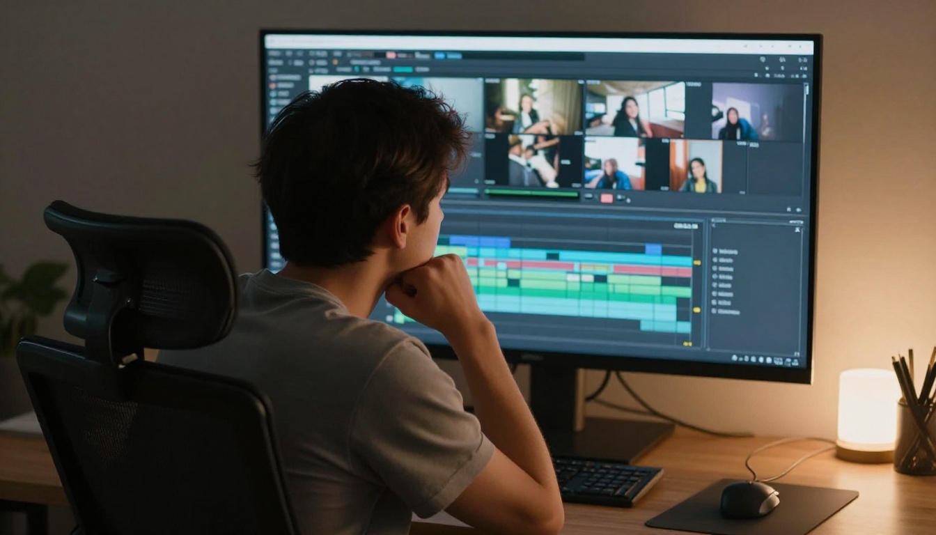 A person reviewing a detailed video editing timeline with reference thumbnails on a large widescreen monitor A person reviewing a detailed video editing timeline with reference thumbnails on a large widescreen monitor