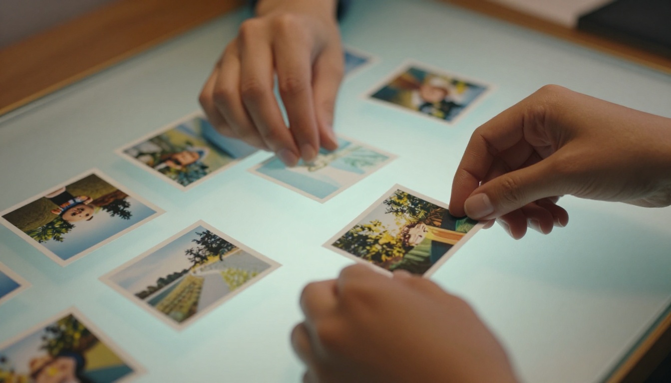 Hands carefully sorting and organizing printed reference photographs on a frosted glass light table Hands carefully sorting and organizing printed reference photographs on a frosted glass light table